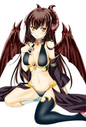 1girl bare_shoulders black_gloves black_thighhighs blush breasts brown_hair demon_girl demon_horns demon_wings detached_sleeves earrings elbow_gloves female_focus gloves hand_on_own_chest horns jewelry lirshana long_hair looking_at_viewer maou_no_hajimekata medium_breasts moonsorrow simple_background single_thighhigh solo thighhighs white_background wings yellow_eyes