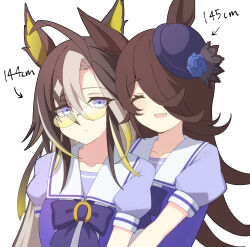 2girls ahoge animal_ears arrow_(symbol) astroglia_cyte black_hair blue_flower blue_hat blue_rose bow bowtie brown_hair closed_eyes closed_mouth commentary dream_journey_(umamusume) flower glasses hair_over_one_eye half-closed_eyes hat hat_flower highres horse_ears horse_girl horseshoe_ornament hug hug_from_behind light_blush light_frown long_hair looking_at_viewer multicolored_hair multiple_girls open_mouth purple_bow purple_bowtie purple_eyes purple_shirt rice_shower_(umamusume) rimless_eyewear rose sailor_collar school_uniform shirt short_sleeves simple_background smile streaked_hair tilted_headwear tinted_eyewear tracen_school_uniform umamusume white_background white_sailor_collar yellow-tinted_eyewear