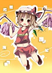 1girl blonde_hair blush cheerleader fang female_focus flandre_scarlet hat kazura navel open_mouth pom_pom_(cheerleading) red_eyes skirt smile solo touhou wings