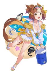 1girl 2025 absurdres berno_light_(umamusume) blush breasts brown_eyes brown_hair cleavage collarbone full_body hair_ornament highres holding looking_at_viewer medium_breasts ocean ribbon sandals solo standing stopwatch teeth umamusume umamusume:_cinderella_gray upper_teeth_only watch yokoji_(kodai2015)
