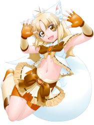 1girl :d absurdres animal_ears bike_shorts bike_shorts_under_skirt blonde_hair delica female_focus fingerless_gloves fox_ears fox_girl fox_tail gloves highres long_hair looking_at_viewer magical_girl midriff navel open_mouth original rabbit_pose short_hair shorts shorts_under_skirt simple_background smile solo tail thigh_gap wavy_hair yellow_eyes