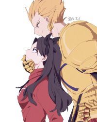 1boy 1girl blonde_hair breasts commentary_request earrings fate/stay_night fate_(series) gauntlets gilgamesh_(fate) hand_on_another&#039;s_chin height_difference highres hinata_(eine_blume) jewelry shirt small_breasts smile tohsaka_rin turtleneck turtleneck_shirt twitter_username two_side_up