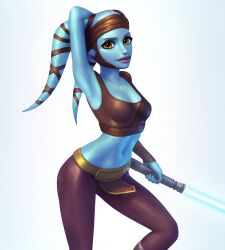 1girl aayla_secura alien arm_behind_head armpits blue_lightsaber blue_skin breasts brown_eyes brown_pants brown_shirt colored_skin crop_top energy_sword highres holding holding_sword holding_weapon lekku_(anatomy) lightsaber looking_at_viewer navel pants shirt simple_background single_sleeve small_breasts solo star_wars sword tight_clothes tight_pants twi&#039;lek twinji weapon white_background