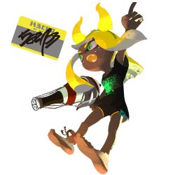 1girl anklet barefoot black_shirt black_shorts black_sleeves blonde_hair blunt_bangs blunt_ends character_name commentary_request dark-skinned_female dark_skin fangs friendship_bracelet glitter glowing_horns green_eyes grey_pupils gun highres holding holding_gun holding_weapon horns inkling inkling_girl inkling_player_character inoue_seita jewelry long_hair monster_girl name_tag nintendo no_lineart official_art pointing pointing_up pointy_ears print_shirt second-party_source shirt shorts sidelighting signature soles solo splatoon_(series) splatoon_3 squeezer_(splatoon) squid_girl takoroka_(splatoon) takoroka_\m/_alien_(splatoon) tentacle_hair text_print toes translation_request v-shaped_eyebrows weapon white_background yellow_horns