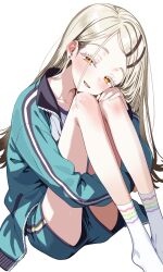 1girl absurdres bare_legs blonde_hair blush collarbone colored_eyelashes commission earrings gakuen_idolmaster gradient_hair green_jacket green_shorts grey_hair hand_on_own_knee head_rest highres hugging_own_legs idolmaster jacket jewelry knees_up long_hair looking_at_viewer multicolored_hair orange_eyes shinosawa_hiro short_shorts shorts shubashuba simple_background sitting skeb_commission smile socks solo stud_earrings track_jacket white_background white_socks