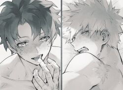 2boys bakugou_katsuki blush boku_no_hero_academia commentary_request freckles greyscale hand_to_own_mouth looking_back lycik_98 male_focus midoriya_izuku monochrome multiple_boys open_mouth saliva scar scar_on_face short_hair simple_background spiked_hair sweat tongue tongue_out white_background yaoi
