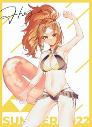 Rule 34 | arm up, armpits, ass, bikini, black bikini, breasts, brown eyes, brown hair, cleavage, earrings, english text, eyelashes, frilled bikini, frills, jewelry, kaihime, large breasts, legs, long eyelashes, long hair, midriff, multicolored bikini, navel, o-ring, o-ring bikini, parted bangs, ponytail, sengoku musou, side-tie bikini bottom, summer, sunglasses, sunglasses on head, swimsuit, thighs, tube, wide hips