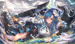 Rule 34 | 1boy, 2girls, angel wings, artist name, bare legs, black flower, black gloves, black skirt, blue hair, blush, braid, braided ponytail, breasts, colored skin, commentary request, dizzy (guilty gear), eyelashes, fingerless gloves, flower, front slit, gloves, grass, group picture, guilty gear, guilty gear strive, hair between eyes, hair flower, hair ornament, highres, large breasts, long hair, long skirt, low-tied long hair, lying, mature female, multiple girls, necro (guilty gear), on grass, on side, open mouth, oro (sumakaita), outdoors, queen dizzy, red eyes, ribbon, shirt, sidelocks, skirt, swept bangs, tail, tail ornament, tail ribbon, thighs, twitter username, undine (guilty gear), white flower, white hair, white shirt, wings, yellow flower