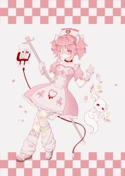 1girl absurdres alternate_costume bandaged_leg bandages bandaid bandaid_on_leg blood blood_bag bow bow_choker buttons checkered_background choker closed_mouth collarbone cross cross_print crossed_bandaids dot_nose dress expressionless eyepatch frilled_dress frilled_headwear frilled_sleeves frills full_body gloves grey_background hair_bow hair_intakes hair_ornament hairclip hand_up hat heart heart_print highres holding intravenous_drip kaname_madoka kyubey leg_warmers looking_at_viewer mahou_shoujo_madoka_magica mahou_shoujo_madoka_magica_(anime) medical_eyepatch medium_dress nurse nurse_cap pill pink_dress pink_eyes pink_hair pink_shoes puffy_short_sleeves puffy_sleeves red_choker shoes short_hair short_sleeves short_twintails socks solo star_(symbol) twintails white_bow white_gloves white_leg_warmers white_socks xiaozhuling