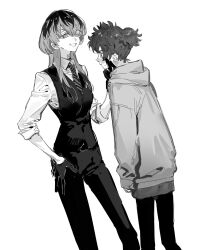 2girls collared_shirt dress genderswap genderswap_(mtf) gloves greyscale hair_between_eyes haitani_rindou hanagaki_takemichi highres hood hood_down hooded_jacket hoodie jacket long_hair long_sleeves looking_at_another monochrome multicolored_hair multiple_girls necktie pants qyzhiaiyisheng shirt short_hair simple_background sleeves_rolled_up standing tokyo_revengers vest white_background white_shirt