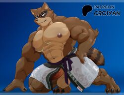 1boy abs animal_ears artist_name bara barefoot blue_background claws closed_mouth commentary croiyan cross_scar english_commentary erection facing_viewer fortnite furry furry_male hajime_(fortnite) male_focus muscular muscular_male navel nipples pectorals penis raccoon_boy raccoon_ears raccoon_tail scar scar_across_eye scar_on_face tail testicles topless_male