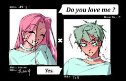 1boy 1girl alien_stage blush dress grey_hair highres long_hair mizi_(alien_stage) pink_hair segansangshi173 short_hair till_(alien_stage) white_dress