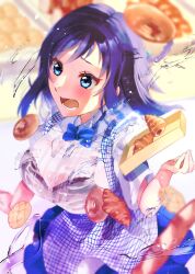 1girl airi_(curereika) apron black_bra blue_apron blue_skirt bow bowtie bra bra_visible_through_clothes bread breasts checkered_apron checkered_clothes commentary dokidoki!_precure donut employee_uniform food gingham gingham_apron gingham_skirt high-waist_skirt highres hishikawa_rikka kobeya_uniform long_hair medium_breasts melon_bread pastry plaid_apron plaid_clothes pleated_shirt precure see-through_clothes see-through_shirt shirt skirt surprised tongs underwear waitress wet wet_clothes