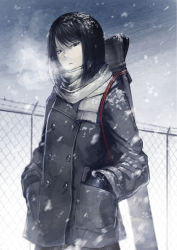 1girl barbed_wire black_gloves black_hair bob_cut breath buttons coat double-breasted female_focus fence gakkou_no_kowai_uwasa:_hanako-san_ga_kita!! gloves hands_in_pockets hetza_(hellshock) looking_at_viewer original outdoors peacoat red_eyes scarf short_hair sky snow solo wind