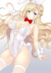 1girl animal_ears blonde_hair blue_eyes bow bowtie braid breasts caution_tape cleavage closed_mouth clothing_cutout cowboy_shot detached_collar fake_animal_ears hair_between_eyes hair_ornament hairclip hataraki_kuma heart_cutout highres keep_out leotard long_hair looking_at_viewer medium_breasts original playboy_bunny rabbit_ears rabbit_tail red_bow red_bowtie solo tail thighhighs white_leotard white_thighhighs wrist_cuffs