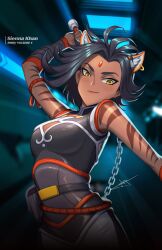 1girl animal_ears black_hair black_shirt chain chain_whip character_name closed_mouth commentary copyright_name dark-skinned_female dark_skin ear_piercing english_commentary eyelashes highres holding holding_whip official_art piercing roosterteeth rwby shirt short_hair sienna_khan signature sleeveless sleeveless_shirt smile solo tiger_ears tiger_girl tiger_stripes uyalago yellow_eyes