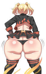 Rule 34 | 1girl, ass, ass focus, blonde hair, burnice white, butt crack, fire, from behind, hair ornament, highres, huge ass, jacket, jiggle, long hair, miniskirt, motion lines, skirt, solo, thick thighs, thighhighs, thighs, thong, twintails, ytrall, zenless zone zero