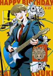 1boy :d absurdres album_cover blazer blue_jacket blue_pants blush brown_eyes brown_hair bunbowwow character_name collared_shirt commentary_request cover cowboy_shot dress_shirt electric_guitar fender_telecaster flower futsuu_no_keion-bu guitar happy_birthday highres holding holding_guitar holding_instrument holding_plectrum instrument jacket lapels long_sleeves looking_at_viewer male_focus microphone microphone_stand necktie notched_lapels open_mouth pants plectrum red_necktie school_uniform shirt smile solo standing sunflower takami_kouki teeth twitter_username upper_teeth_only watermark white_shirt wing_collar winter_uniform yankee_(yonezu_kenshi) yellow_background