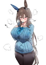 1girl admire_vega_(umamusume) animal_ears black_pants blue_sweater breasts ear_covers highres horse_ears horse_girl horse_tail jewelry large_breasts long_hair looking_at_viewer necklace pants shimiya_(aokuchi) simple_background single_ear_cover solo sweater tail umamusume white_background