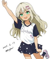 1girl absurdres alternate_costume bigkwl black_skirt blonde_hair blush bow grecale_(kancolle) green_eyes hair_between_eyes hair_bow highres kantai_collection long_hair looking_at_viewer open_mouth polka_dot polka_dot_skirt shirt short_sleeves skirt smile solo wavy_hair white_shirt