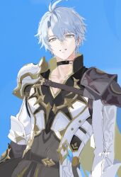 Rule 34 | 0980kj, 1boy, aqua eyes, armor, black choker, blue background, choker, collarbone, grey hair, grin, highres, honkai: star rail, honkai (series), looking at viewer, male focus, phainon (honkai: star rail), short hair, shoulder armor, smile, solo, teeth, upper body