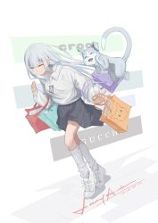Rule 34 | 1girl, bag, black skirt, cat, closed eyes, closed mouth, dated, elf, emilia (re:zero), farrelarda64085, full body, hair ornament, highres, holding, holding bag, long hair, long sleeves, loose socks, pleated skirt, pointy ears, puck (re:zero), re:zero kara hajimeru isekai seikatsu, shoes, signature, skirt, smile, sneakers, socks, sweater, white shoes, white socks, white sweater, x hair ornament