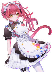 1girl animal_ears apron black_gloves black_ribbon blush closed_mouth fingerless_gloves gloves hair_ribbon hanase highres looking_at_viewer maid_headdress multicolored_hair nekota_tsuna nekota_tsuna_(3rd_costume) orange_eyes orange_hair paint_on_clothes paint_splatter red_hair red_tail ribbon short_sleeves simple_background solo streaked_hair tail thighhighs two-tone_hair virtual_youtuber vspo! white_apron white_background white_thighhighs wrist_cuffs