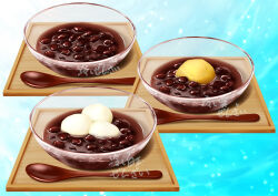 absurdres adzuki_bean bowl food food_focus gyuunyuu_oume highres mochi no_humans original shiruko_(food) soup spoon wooden_spoon wooden_tray