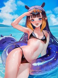 1girl :d bikini black_bikini blue_eyes blush commentary day gradient_hair hand_up highres hololive hololive_english long_hair looking_at_viewer multicolored_hair navel ninomae_ina&#039;nis open_mouth orange_hair outdoors partially_submerged pointy_ears purple_hair purple_innertube sanya_(sanya_lox228) side-tie_bikini_bottom sidelocks smile solo stomach swimsuit symbol-only_commentary takodachi_(ninomae_ina&#039;nis) teeth tentacle_hair upper_teeth_only very_long_hair virtual_youtuber wet