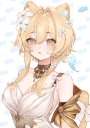 Rule 34 | 1girl, absurdres, aglaea (honkai: star rail), aglaea (honkai: star rail) (cosplay), animal ear fluff, animal ears, bare shoulders, blonde hair, bow, breasts, cat ears, cat tail, choker, cleavage, cosplay, dress, flower, genshin impact, hair flower, hair ornament, highres, honkai: star rail, honkai (series), large breasts, lumine (genshin impact), mihoyo, open mouth, sakusaku (616saku), short hair with long locks, solo, tail, tail bow, tail ornament, upper body, white background, white bow, white dress, white flower, yellow eyes