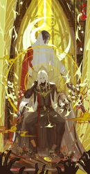 2boys absurdres arm_rest behind_another belt black_boots black_hair black_pants black_tunic blonde_hair blood blood_splatter boots branch cape card closed_mouth curly_hair curtained_hair flower full_body gauntlets hair_over_shoulder head_down head_rest highres holding holding_weapon jewelry jianxia_qingyuan_(series) jianxia_qingyuan_online_3 long_sidelocks long_sleeves looking_at_another looking_to_the_side male_focus multiple_boys pants parted_bangs profile qianshanjiang reaching shirt sidelocks sitting sitting_on_throne skull slight_particles spotlight standing straight-on throne tunic upper_body weapon white_cape white_flower white_shirt white_sleeves