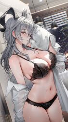 1girl absurdres black_bra black_horns black_panties blush bra breasts collarbone commentary cowboy_shot curled_horns grey_hair highres holding holding_towel horns indoors large_breasts long_hair looking_at_viewer mole mole_on_breast mole_under_eye navel open_clothes open_shirt panties parted_lips red_eyes rity shirt sidelocks solo stomach towel underwear wet white_shirt wuthering_waves zani_(wuthering_waves)