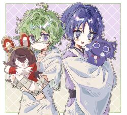 1boy 1girl animal animalization bandage_on_face bandaged_arm bandaged_chest bandaged_neck bandages baron_bunny_(genshin_impact) black_sash blush border cat character_doll checkered_background clenched_hand closed_mouth clothing_cutout collei_(genshin_impact) collei_(young)_(genshin_impact) doll eyelashes eyeliner eyeshadow feathers genshin_impact green_eyes hair_between_eyes holding holding_animal holding_cat holding_stuffed_toy hooded_shirt hui0218ovo japanese_clothes kariginu long_sleeves looking_at_viewer makeup messy_hair open_mouth person_and_animalization pom_pom_(clothes) purple_background purple_cat purple_eyes purple_hair purple_sleeves red_eyeliner red_eyeshadow sash scaramouche_(genshin_impact) scaramouche_(kabukimono)_(genshin_impact) shirt short_hair short_sleeves shoulder_cutout side_cutout string stuffed_toy sweatdrop white_border white_shirt white_sleeves wispy_bangs yellow_feathers