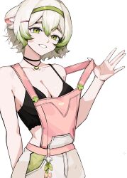 1girl animal_ears black_bra bob_cut bow bra breasts cleavage ferret ferret_ears ferret_girl food fruit gradient_hair green_eyes green_hair green_nails green_overalls hair_between_eyes hairband highres indie_virtual_youtuber laimu_(vtuber) laimu_(vtuber)_(cozy) leaf lime_(fruit) lime_necklace lime_slice medium_breasts multicolored_hair naked_overalls no_shirt open_mouth overalls pink_nails pink_overalls smile strap_pull ttsyrene two-tone_hair underwear vinesauce virtual_youtuber white_hair white_overalls