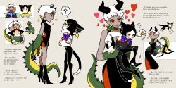 2girls absurdres aged_up animal_ears animal_hands black_dress blue_bow blue_bowtie blush bow bowtie brown_background cat_ears cat_girl cat_tail claws dark-skinned_female dark_skin dragon_girl dragon_horns dragon_tail dress height_difference high_heels highres horns long_sleeves momomo_906 monster_girl multicolored_eyes multiple_girls original polka_dot_bowtie puffy_long_sleeves puffy_sleeves red_eyes shirt short_hair simple_background tail white_hair white_shirt yellow_eyes yuri