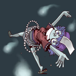 Rule 34 | 1girl, blue eyes, blue hair, breasts, colored skin, commentary request, full body, ghost, grey shoes, grey skin, grey skirt, grin, hat, hat ornament, jiangshi, lace-trimmed sleeves, lace trim, leaning back, looking at viewer, medium breasts, miyako yoshika, newsboy cap, ofuda, onikobe rin, outstretched arms, purple hat, red shirt, shirt, shoe dangle, shoes, short hair, short sleeves, simple background, skirt, smile, solo, star (symbol), star hat ornament, touhou, zombie pose