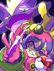 1girl fangs gen_8_pokemon gloves goggles half-closed_eyes hatsune_miku headphones headphones_around_neck holding holding_poke_ball holding_test_tube multicolored_hair nintendo open_mouth pink_eyes pink_gloves pink_hair poison_miku_(project_voltage) poke_ball poke_ball_(basic) pokemon project_voltage purple-tinted_eyewear purple_hair skin_fangs smile test_tube tinted_eyewear tongue tongue_out toxtricity toxtricity_(amped) two-tone_hair user_adwe7482 vocaloid yellow-framed_eyewear