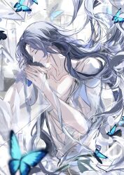 1boy blue_butterfly blue_hair blurry bug butterfly clarence_clayden clarence_clayden_(infinite_empire) closed_eyes closed_mouth collarbone cube curtained_hair depth_of_field floating floating_hair floating_object highres insect long_hair lovebrush_chronicles male_focus mole mole_under_eye open_clothes open_robe own_hands_together parted_bangs profile ribbon robe smile solo three-quarter_sleeves upper_body wavy_hair white_ribbon white_robe youl_0014