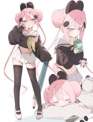+_+ 1girl absurdres ahoge black_shirt black_thighhighs bun_with_braided_base cellphone closed_eyes commentary_request cropped_shirt cup disposable_cup double_bun drinking_straw full_body hair_between_eyes hair_bun hair_ornament hand_up heart heart_ahoge highleg highleg_panties highres holding holding_pencil long_hair long_sleeves looking_at_viewer lying midriff miniskirt multiple_views navel neckerchief original panties pencil phone pink_eyes pink_hair pleated_skirt puffy_long_sleeves puffy_sleeves sailor_collar school_uniform serafuku shin_no_tenpii shirt shoes simple_background skirt sleeping sleeves_past_wrists smartphone thighhighs tongue tongue_out twintails underwear uwabaki v very_long_hair white_background white_sailor_collar white_shoes yellow_neckerchief zettai_ryouiki zzz