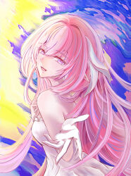 Rule 34 | 1girl, breasts, chinese commentary, colorful background, commentary request, diamond-shaped pupils, diamond (shape), dress, elf, elysia (herrscher of human: ego) (honkai impact), elysia (honkai impact), gloves, highres, honkai (series), honkai impact 3rd, hoyq, long hair, looking at viewer, open mouth, pink hair, pointy ears, purple eyes, reaching, reaching towards viewer, solo, symbol-shaped pupils, very long hair, white dress, white gloves