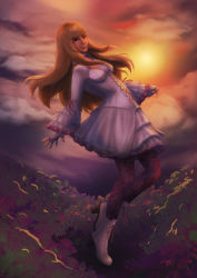 Rule 34 | 1girl, absurdres, blonde hair, breasts, chia hui yi, cloud, cloudy sky, dress, emilie de rochefort, fingerless gloves, gloves, high heels, highres, long hair, long sleeves, medium breasts, sky, solo, sunset, tekken, tekken 7, wide sleeves