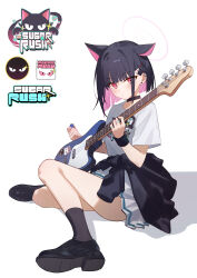 1girl absurdres animal_ears bass_guitar black_cardigan black_choker black_footwear black_hair black_mask black_socks blue_archive blunt_bangs blunt_ends blush bob_cut cardigan cardigan_around_waist cat_ears cat_girl choker clothes_around_waist colored_inner_hair commentary_request earrings eco_376124 electric_guitar english_text extra_ears grey_skirt guitar halo highres holding holding_instrument holding_plectrum instrument jewelry kazusa_(band)_(blue_archive) kazusa_(blue_archive) logo looking_at_viewer multicolored_hair music official_alternate_costume pink_eyes pink_hair playing_instrument pleated_skirt plectrum print_shirt ring shirt short_hair short_sleeves sidelocks simple_background sitting skirt socks solo stud_earrings t-shirt two-tone_hair white_shirt wristband