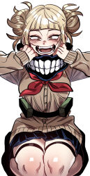 Rule 34 | 1girl, absurdres, black skirt, blonde hair, blunt bangs, blush, boku no hero academia, breasts, brown cardigan, brown hair, cardigan, double bun, fangs, hair bun, highres, long sleeves, looking at viewer, margare, messy hair, neckerchief, open mouth, pleated skirt, red neckerchief, simple background, skirt, solo, teeth, thigh strap, toga himiko, white background