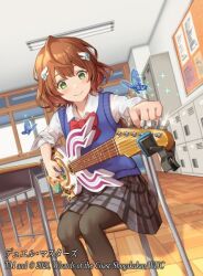 1girl anno_akira black_pantyhose black_skirt blue_vest bow bowtie brown_hair bug butterfly ceiling_light chair classroom closed_mouth copyright_notice desk dragon_musume_ni_naritakunai! duel_masters dutch_angle fluorescent_lamp green_eyes guitar hair_ornament holding holding_guitar holding_instrument i-la indoors insect instrument locker long_sleeves medium_hair official_art on_chair pantyhose plaid_clothes plaid_skirt red_bow red_bowtie school_chair school_desk shirt short_hair sitting skirt sleeves_pushed_up smile solo vest white_shirt window