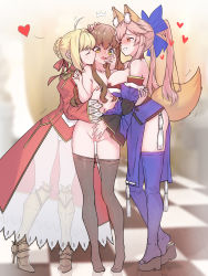 3girls absurdres animal_ears armor blonde_hair blush breasts brown_hair checkered_floor cleavage clothed_female_nude_female clothes_pull dress fate/extra fate_(series) fff_threesome fox_ears fox_tail girl_sandwich greaves group_sex hand_on_another&#039;s_face hand_on_another&#039;s_head high_heels highres japanese_clothes kishinami_hakuno_(female) kiss kissing_cheek large_breasts looking_at_another multiple_girls nero_claudius_(fate) nero_claudius_(fate/extra) nipple_slip nipple_stimulation nipple_tweak nipples nude pantyhose pantyhose_pull phi_str pink_hair platform_clogs platform_footwear platform_heels sandwiched smile standing tail tamamo_(fate) tamamo_no_mae_(fate/extra) thigh_gap threesome yuri