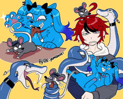 Rule 34 | 1girl, 3boys, ahoge, amemiya darumi, animal, animal on head, animalization, black bow, black choker, black streaks, blue eyes, blue hair, blue hat, blue jacket, bow, cat, choker, claws, collar, crying, crying with eyes open, earrings, eye print, fangs, furukawa (yomawari), grey jacket, hair bow, half-closed eyes, hat, heart, highres, holding, holding animal, holding cat, hood, hoodie, jacket, jewelry, makeup, maruko gaku, mouse (animal), multicolored hair, multicolored jacket, multiple boys, multiple views, omokage yugamu, on head, pawpads, pink eyes, print eyepatch, red collar, red hair, runny makeup, safety pin, short hair, snake, snake wrapped around body, streaked hair, sumino takumi, sweatdrop, tears, the hundred line -last defense academy-, tongue, tongue out, twitter username, two-tone jacket, white hoodie, yellow background
