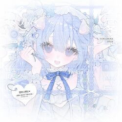 1girl blue_eyes blue_hair bow braid commentary_request dress fang flower hair_flower hair_ornament heart highres holding long_hair looking_at_viewer open_mouth original ribbon sensitive shi_mita smile solo