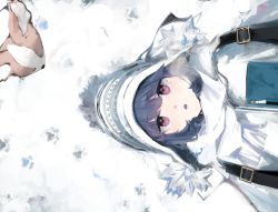 1girl absurdres animal blue_hair breath chikuwa_(yurucamp) dog hat highres jacket lying maegami_(daisuki_oekaki1) on_back purple_eyes scarf shima_rin snow yurucamp