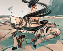 1girl 2017 _hair absurdly_long_hair ankle_gun anus arm_support ass bayonetta bayonetta_(series) beehive_hairdo black-framed_eyewear black_hair bodysuit boots breasts brooch closed_mouth collarbone commentary convenient_censoring earrings female_focus floating_hair full_body gameplay_mechanics glasses gluteal_fold green_eyes hair_ribbon head_tilt high_heel_boots high_heels jewelry joel_jurion large_breasts lips living_clothes long_hair long_legs looking_at_viewer mole mole_under_mouth navel nipples nose nude outdoors ponytail prehensile_hair red_lips ribbon shadow sitting solo spread_legs thick_lips transformation undressing variant_set very_long_hair