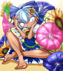 Rule 34 | 1girl, bad id, bad pixiv id, bad twitter id, blue dress, blue eyes, blue hair, cirno, dress, fairy, fairy wings, ice, ice wings, non-web source, puffy short sleeves, puffy sleeves, shimizu pem, short hair, short sleeves, skirt, smile, solo, touhou, wings